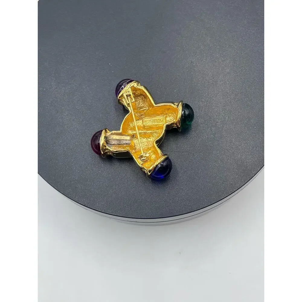 IVANA Signed Vintage Gold W/ Multicolored Cabochons Gripoix Style‎ Brooch